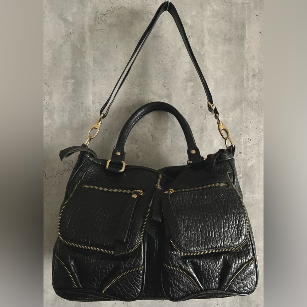 Crizzapi Bolsas Black Pebbled Leather Satchel Shoulder Bag Crossbody Handbag